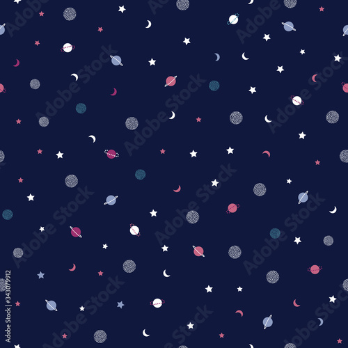 Stars, moons and planets on blue background. Great for home decor, wrapping, scrapbooking, wallpaper, gift, kids. 
