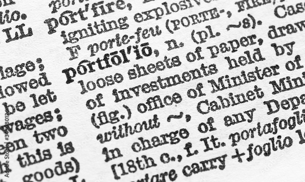 Portfolio - Closeup macro of English dictionary page with word portfolio Portfolio - Closeup macro of English dictionary page with word portfolio