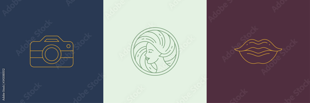 Vector line decoration design elements set - female face and lips illustrations simple linear style Vector line decoration design elements set - female face and lips illustrations simple linear style