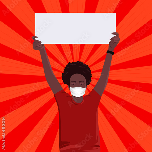 Dark skin woman wearing mask holding a banner isolated on red background. Angry riot woman on red retro background. Protesting woman in medical mask vector illustration.