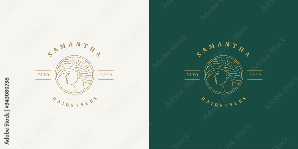 Beautiful female line face with fluttering hairs vector logo emblem design template illustration simple linear style Beautiful female line face with fluttering hairs vector logo emblem design template illustration simple linear style