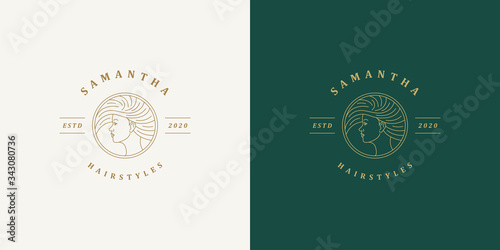 Beautiful female line face with fluttering hairs vector logo emblem design template illustration simple linear style