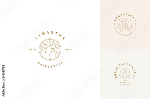Vector line logos emblems design templates set - female face and gesture hands illustrations simple linear style