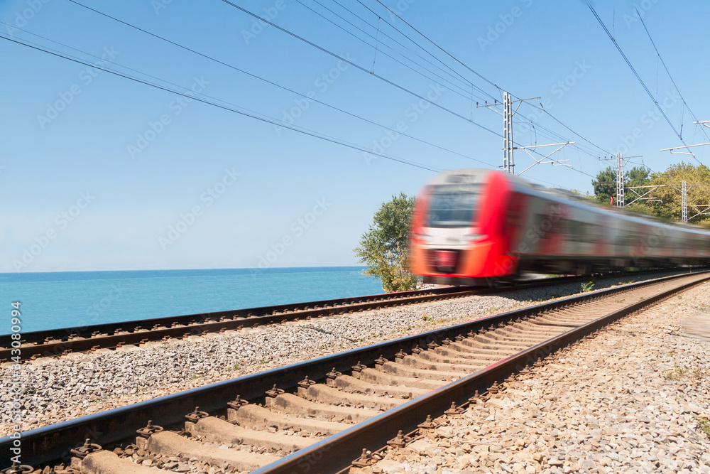Fototapeta premium passenger train goes along the seashore in day