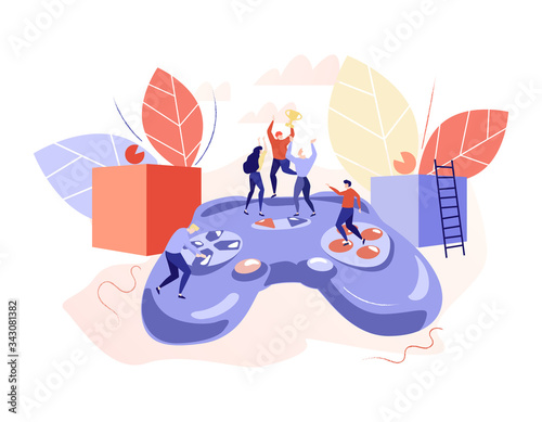 People rejoice in victory in a video game vector flat illustration