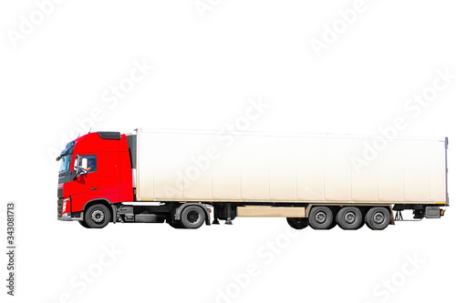 Truck with red cab and open body on white background,