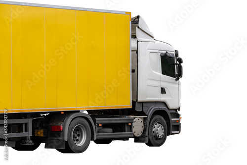 Truck with yellow cab and open body on white background,
