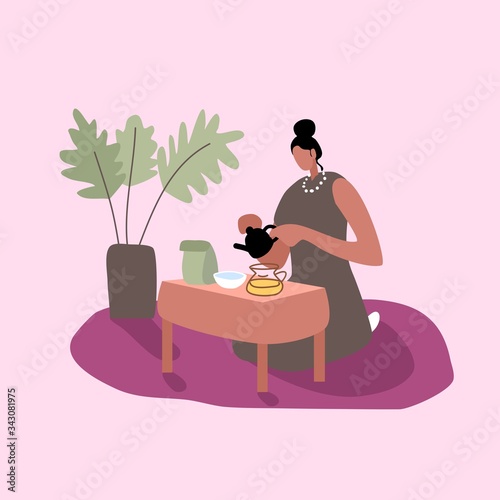 Woman making tea vector illustration.   Female and tea ceremony. Mother on the kitchen. Housewife creating cozy atmosphere. Peaceful concept. Relax time while staying at home. Girl sitting on knees.