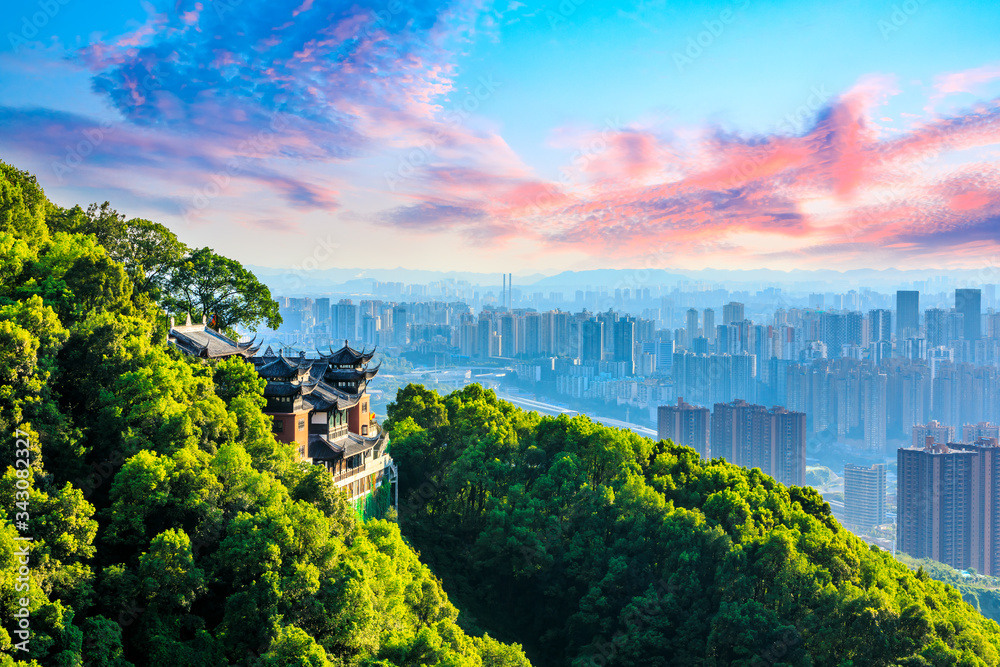 Temple architecture and city skyline in Chongqing,China.