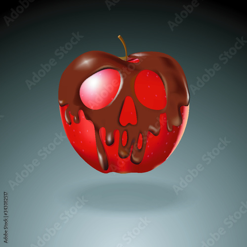 Vector of Chocolate shape skull coated red apple. Halloween concept.