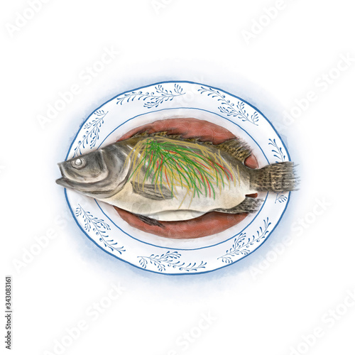 Watercolor Illustration of Chinese Cuisine - Steamed Mandarin Fish | 清蒸桂鱼 