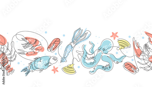 Seamless pattern with seafood. Fish, shrimp, crayfish, octopus, fish steak, squid. photo