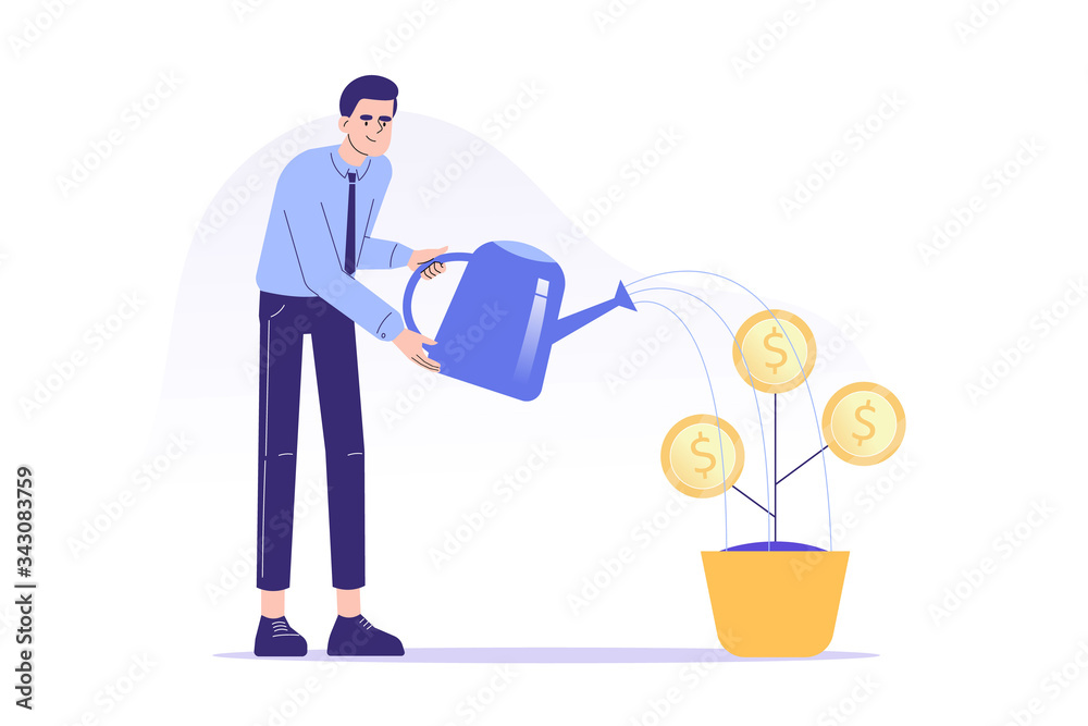 Business investment concept. Young business man watering a growing tree with coins. Money growth metaphor. Start up and growth of successful business. Financial management. Vector illustration Business investment concept. Young business man watering a growing tree with coins. Money growth metaphor. Start up and growth of successful business. Financial management. Vector illustration