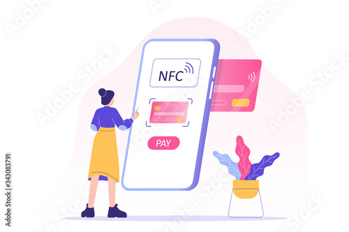 NFC wireless payment technology concept. Young woman using NFC to make payment. Mobile phone contactless payment. Online transaction. Internet banking with smartphone. Vector isolated illustration