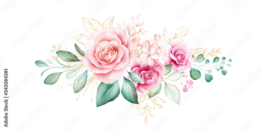 Watercolor flowers bouquet. Floral illustration, leaf and buds arrangement. Botanic composition design for wedding, greeting card isolated white background