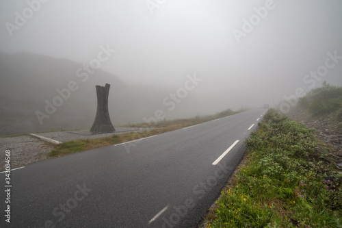 view from the parking place on the way to the Trolls' Path. The Trolls' Path, Trollstigen is a serpentine mountain road, popular tourist object in Norway. foggy morning