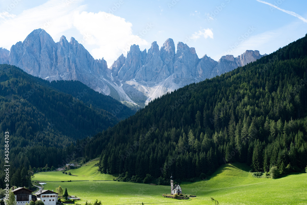 The Val di Funes Vales, the famous church with the view of the Dolomites mountains