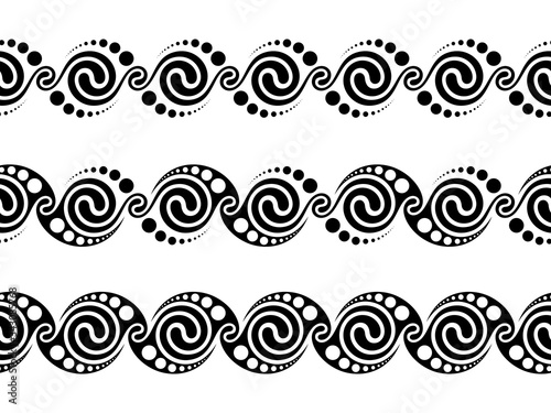 Vector set of seamless stripes; Black and white templates of shamanic ornaments; Ancient sacred geometric pattern of meander, harmonic spiral shapes. Minimal modern style, visionary psychedelic art.