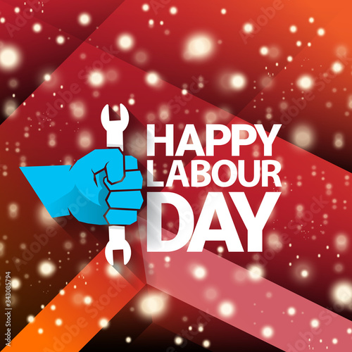 1 may Happy labour day vector label with strong protest fist isolated on red background with rays. vector happy labor day background or banner with man hand. workers may day poster
