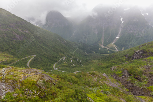 Winding Road in Norway, Serpentine road in the mountains of Norway, selective focus, View from viewpoint