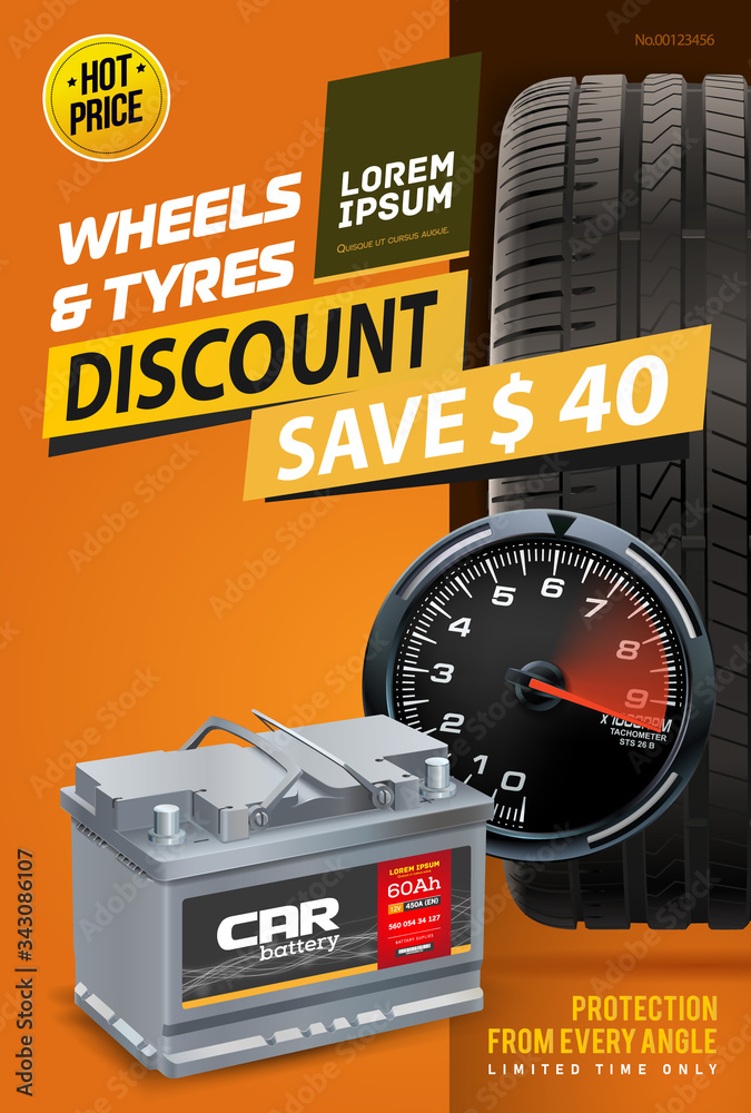 Tire shop vector banner of car wheel tyres and sale price offer. Car battery.  Tire shop, spare parts and auto service discount promotion design. Tyre car  advertisement poster. Stock Vector | Adobe