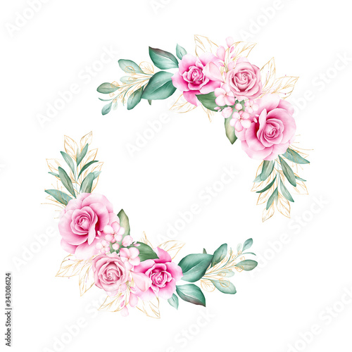 Round watercolor floral wreath. Botanic decoration illustration of peach rose...