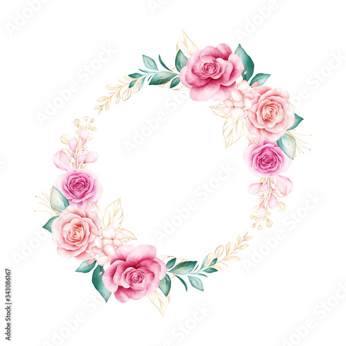Round watercolor floral wreath. Botanic decoration illustration of peach roses and blue flowers, leaves, branches. Botanic elements for wedding or greeting card composition design