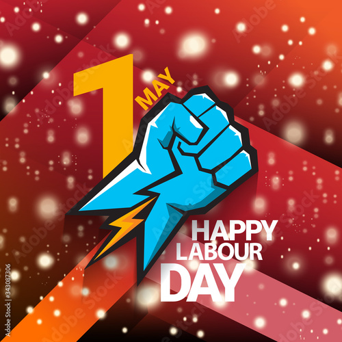 1 may Happy labour day vector label with strong protest fist isolated on red background with rays. vector happy labor day background or banner with man hand. workers may day poster
