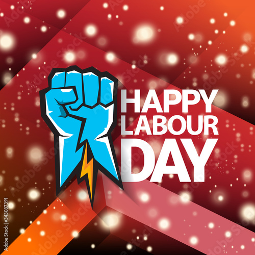 1 may Happy labour day vector label with strong protest fist isolated on red background with rays. vector happy labor day background or banner with man hand. workers may day poster