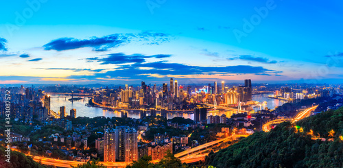 Chongqing city skyline and architectural landscape at sunset China.
