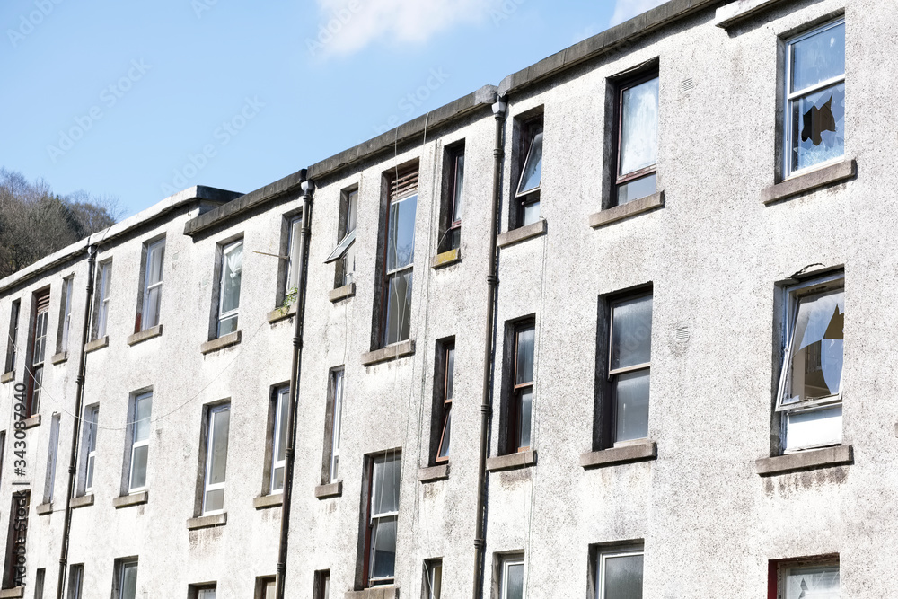 Derelict council house in poor housing estate slum with many social welfare issues in Port Glasgow