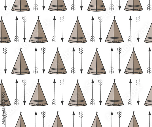 Seamless kids pattern with wigwam and arrows. Cute Indian background pattern in vector