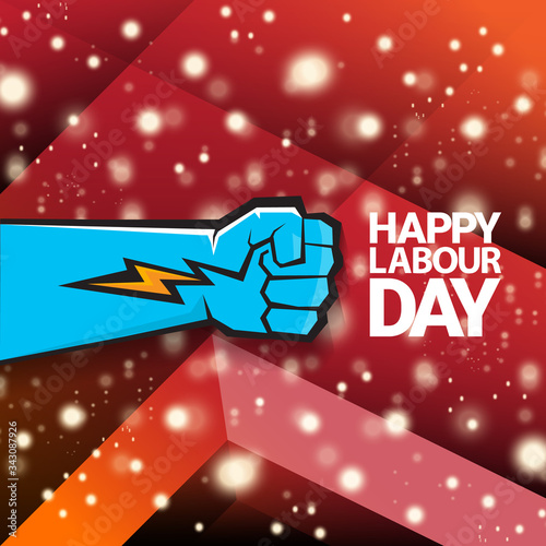 1 may Happy labour day vector label with strong protest fist isolated on red background with rays. vector happy labor day background or banner with man hand. workers may day poster