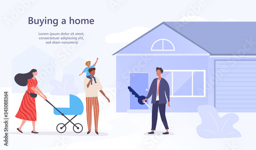 Young family with children buying a home from an agent standing in front of the house as he offers them the key with copy space for text, vector, illustration