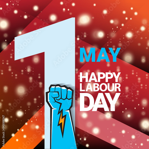 1 may Happy labour day vector label with strong protest fist isolated on red background with rays. vector happy labor day background or banner with man hand. workers may day poster