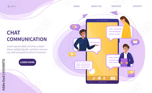 Online chat communication on a mobile phone showing an app with four people having a conversation with speech or text bubbles, vector illustration with copy space