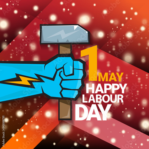 1 may Happy labour day vector label with strong protest fist isolated on red background with rays. vector happy labor day background or banner with man hand. workers may day poster