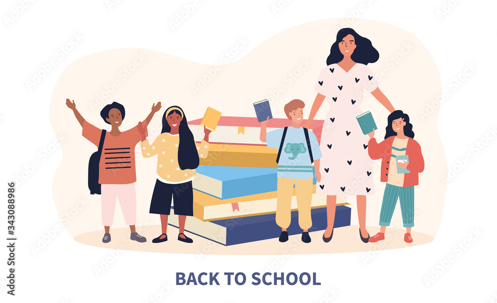 Back To School concept with teacher and young students standing in front of stacked textbooks waving at the camera, colored vector illustration with copy space