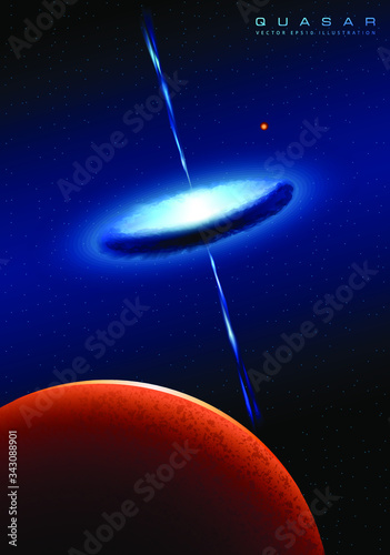 Blue quasar nebula with jets in the planets orbital center. Space illustration