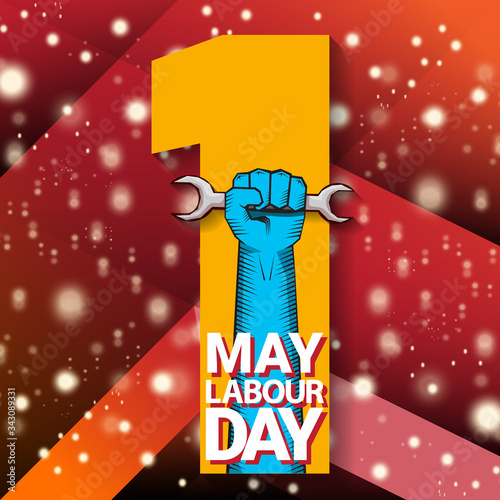 1 may Happy labour day vector label with strong protest fist isolated on red background with rays. vector happy labor day background or banner with man hand. workers may day poster