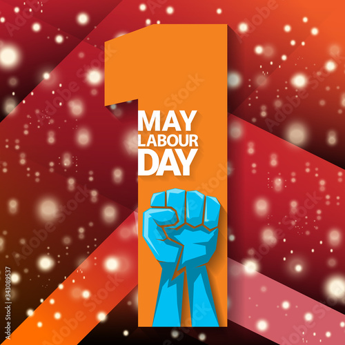 1 may Happy labour day vector label with strong protest fist isolated on red background with rays. vector happy labor day background or banner with man hand. workers may day poster