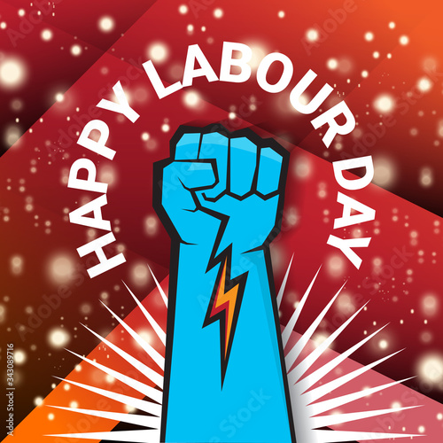 1 may Happy labour day vector label with strong protest fist isolated on red background with rays. vector happy labor day background or banner with man hand. workers may day poster