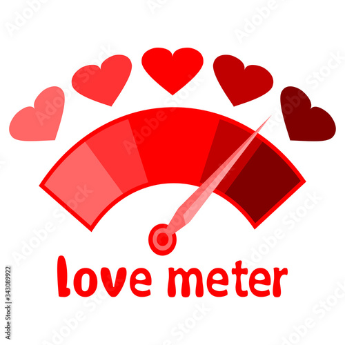 Red love meter vector. Love meter. Valentines Day card, love indicator with hearts and love gauge. Analog attraction and passion scales, gauge for measurement, isolated on white background