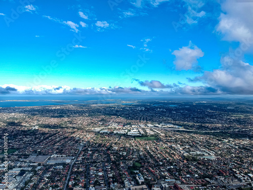 Panoramic Aerial Drone view above Belmore Sydney NSW Australia and western sydney suburbia 