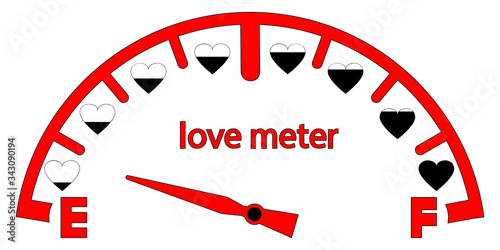 Red love meters vector. Love meter. Valentines Day card, love indicator with black hearts and love gauge