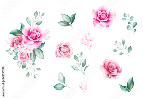 Set of watercolor flowers bouquet with individual elements. Floral illustrati...