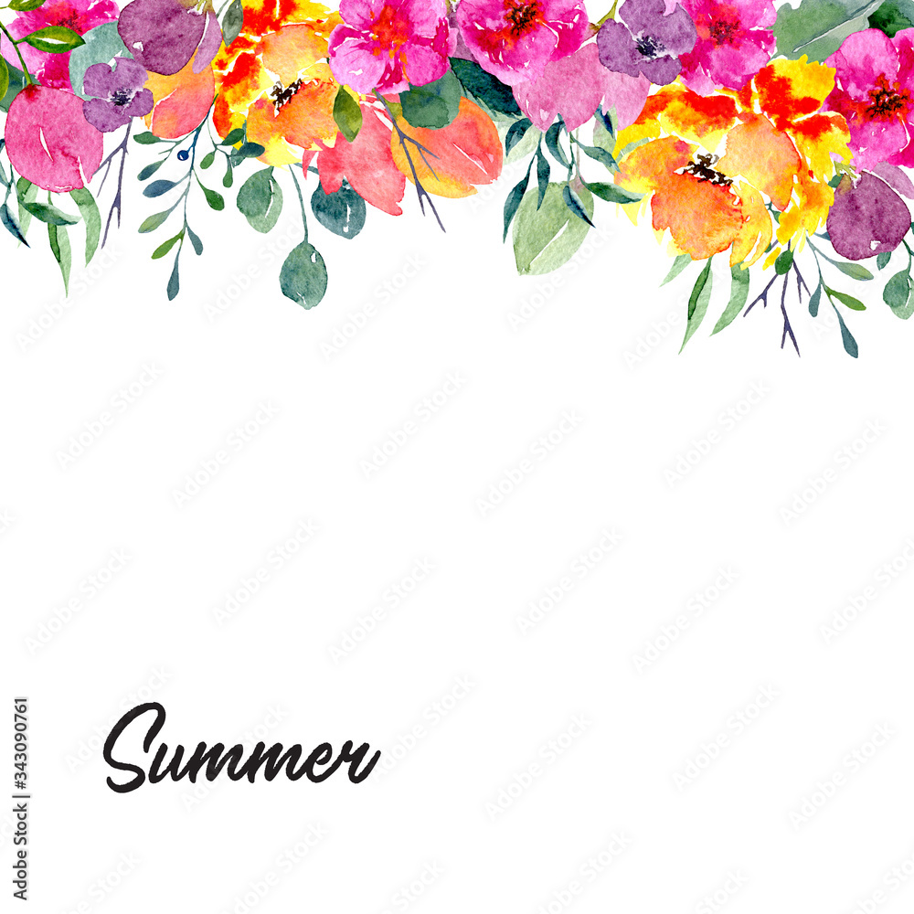 Background with watercolor floral arrangements. Natural hand drawn design with summer flowers and leaves