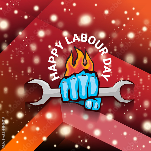 1 may Happy labour day vector label with strong protest fist isolated on red background with rays. vector happy labor day background or banner with man hand. workers may day poster