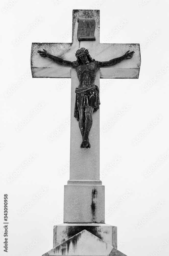 Christian statue in black and white
