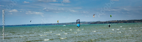 Plerin, Brittany, France - September 21 2019: Kitesurf in the coast of Plerin